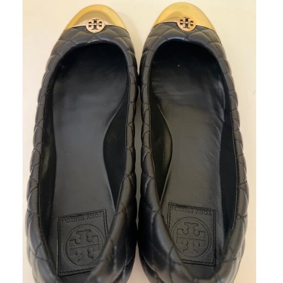 Tory Burch Black & Gold Quilted Ballet Flats Women's Size 10 Old Money Luxury - Picture 10 of 11